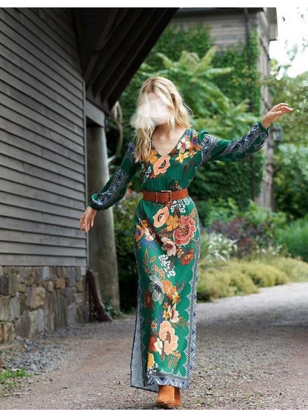 Farm Rio Anthropologie Verdor Maxi Dress Floral Long Sleeve Emerald Green M new - Picture 5 of 13
